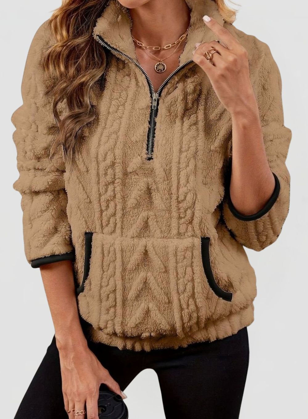 Women’s Textured Fleece Half-Zip Pullover with Kangaroo Pocket