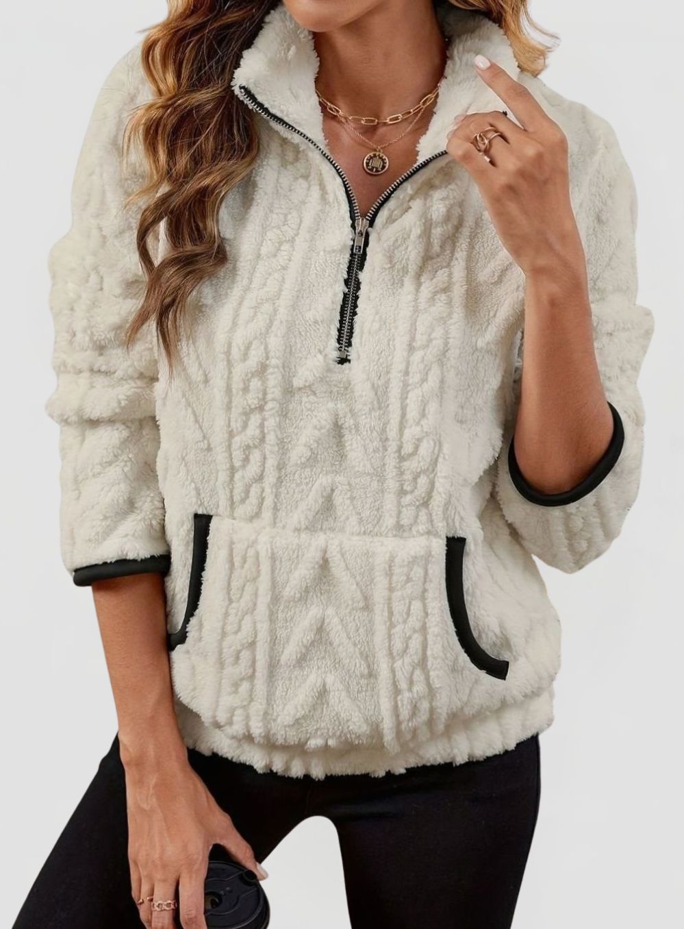 Women’s Textured Fleece Half-Zip Pullover with Kangaroo Pocket