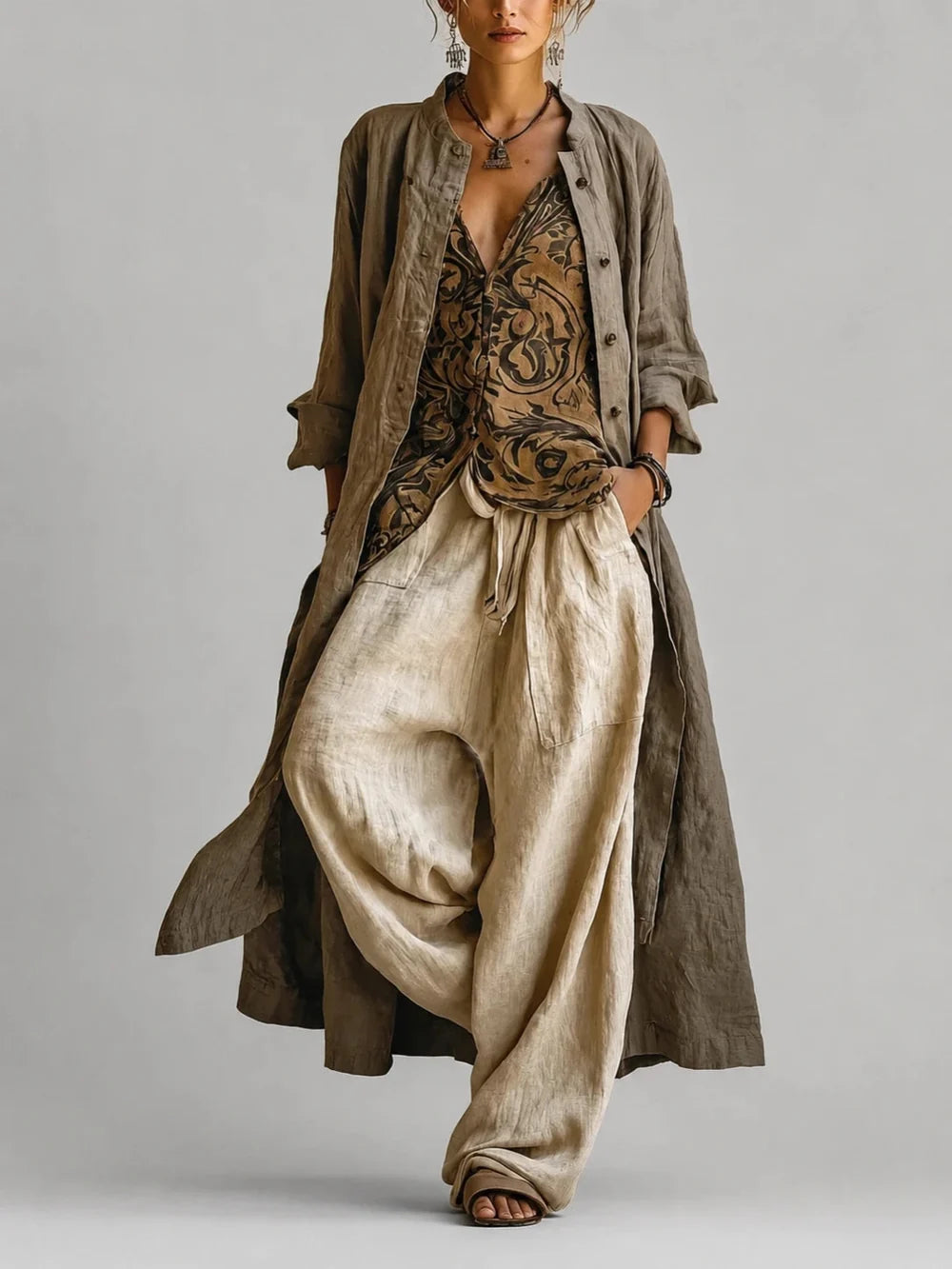Women's Three Piece Linen Mix Set with Top, Cardigan and Wide Leg Trousers