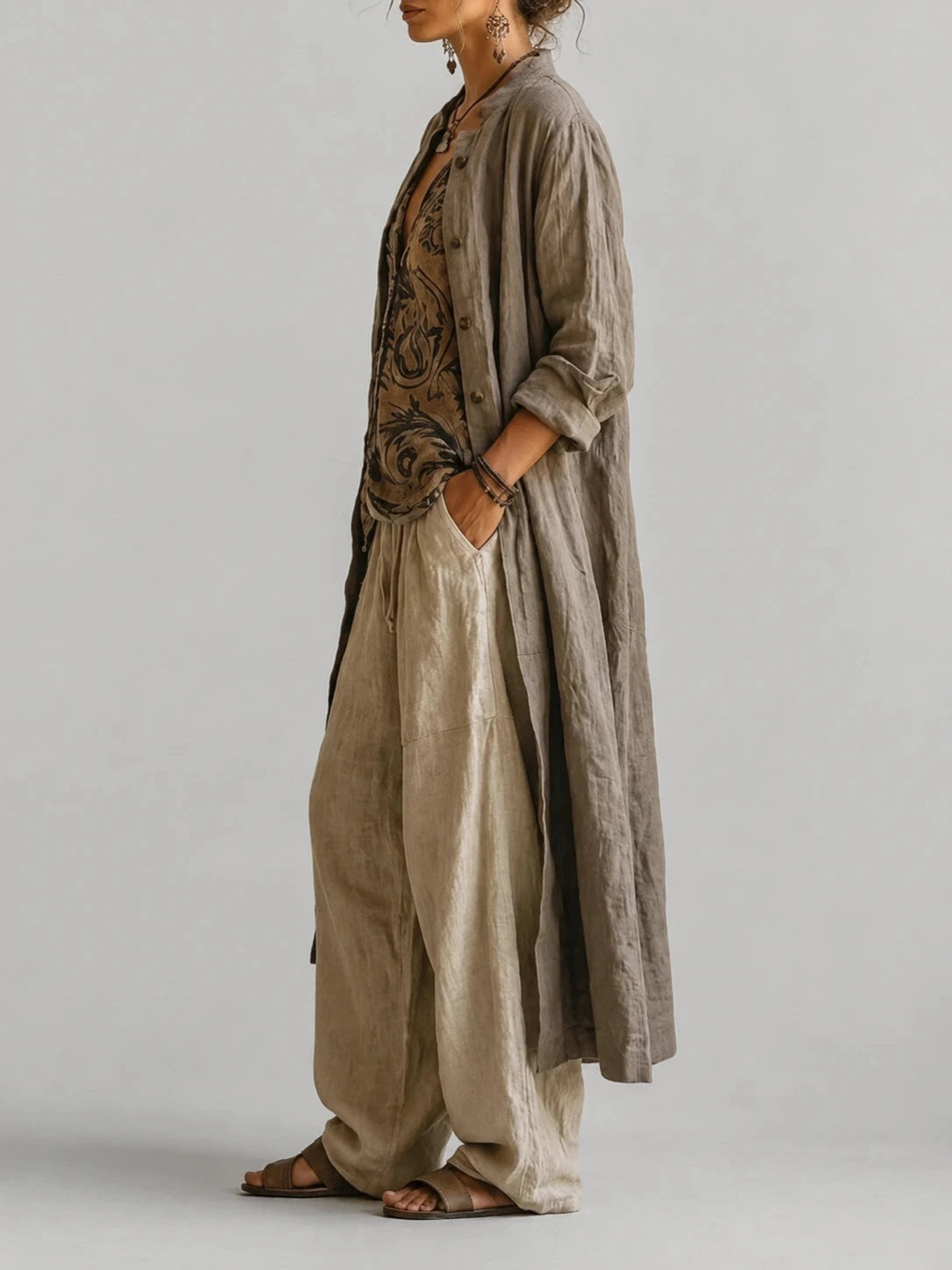Women's Three Piece Linen Mix Set with Top, Cardigan and Wide Leg Trousers