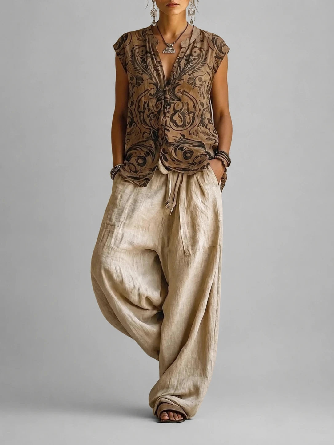 Women's Three Piece Linen Mix Set with Top, Cardigan and Wide Leg Trousers
