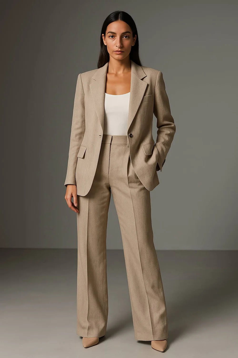 Women's Two Piece Blazer and Wide Leg Trousers Set with Button Closure