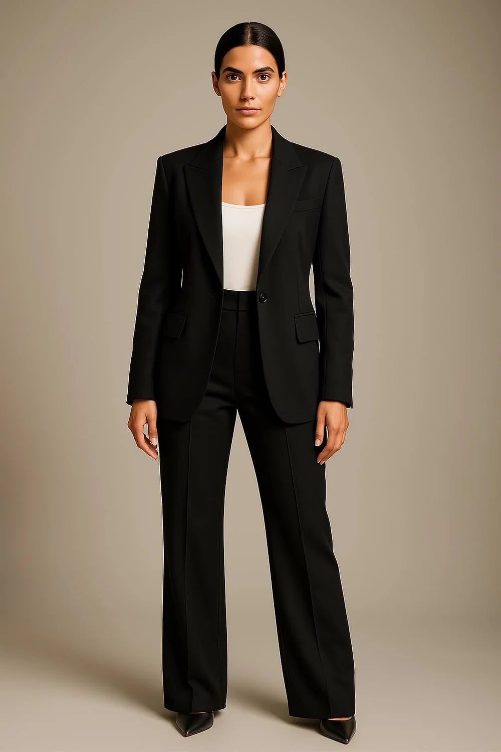 Women's Two Piece Blazer and Wide Leg Trousers Set with Button Closure