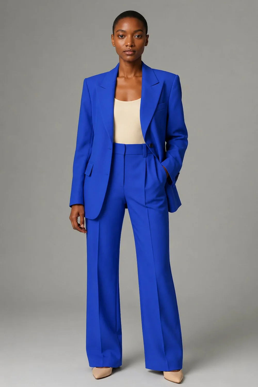 Women's Two Piece Blazer and Wide Leg Trousers Set with Button Closure