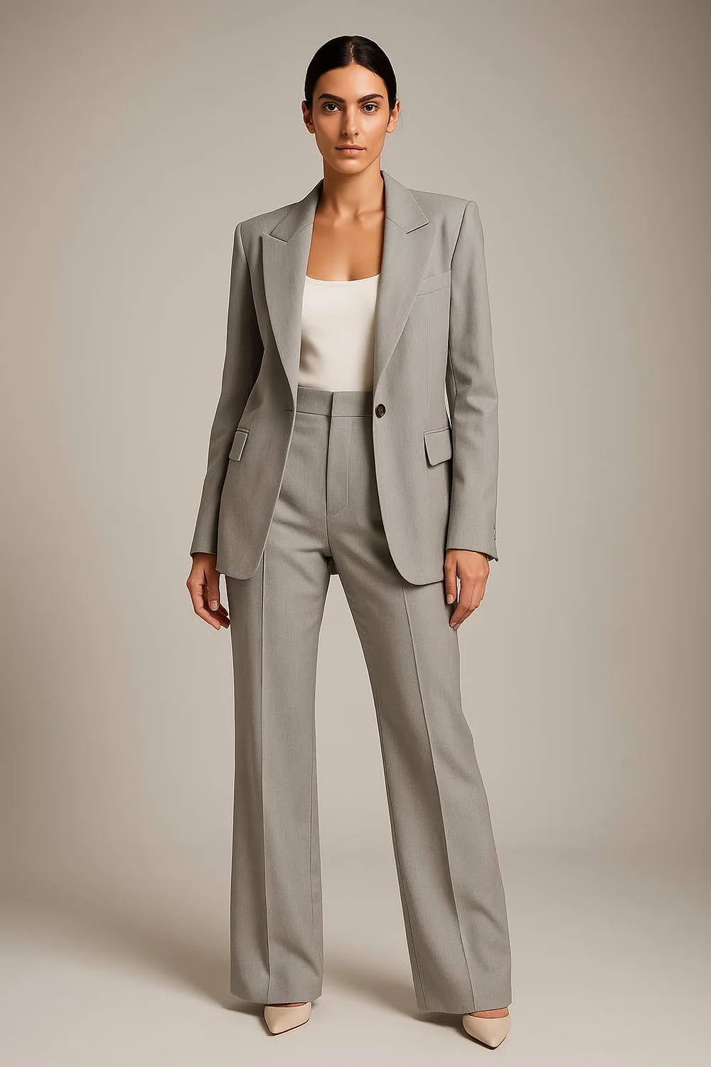 Women's Two Piece Blazer and Wide Leg Trousers Set with Button Closure