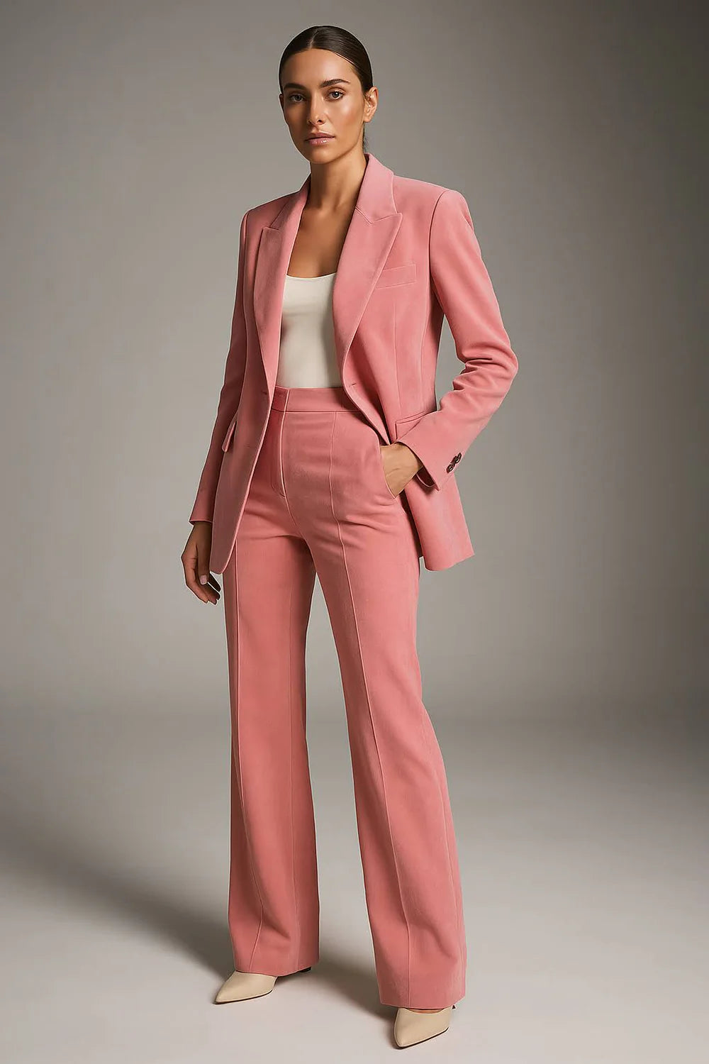 Women's Two Piece Blazer and Wide Leg Trousers Set with Button Closure