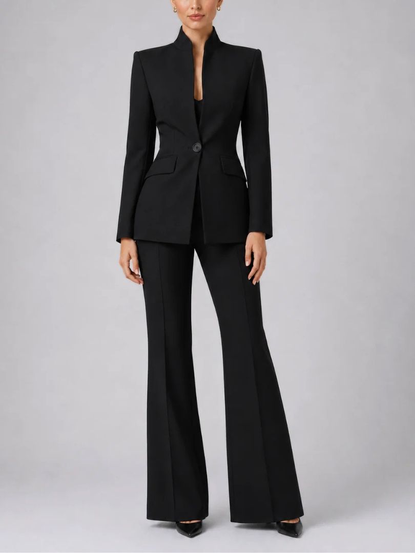 Women's Two Piece Blazer and Wide Leg Trousers Set with Stand Collar
