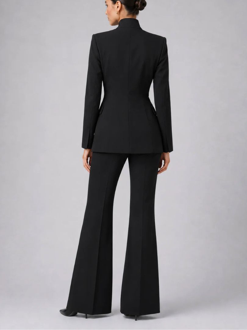 Women's Two Piece Blazer and Wide Leg Trousers Set with Stand Collar
