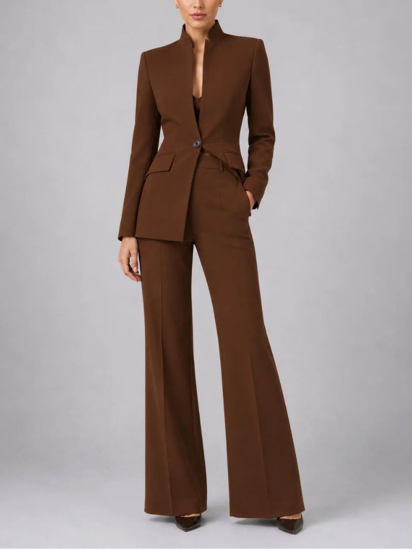 Women's Two Piece Blazer and Wide Leg Trousers Set with Stand Collar