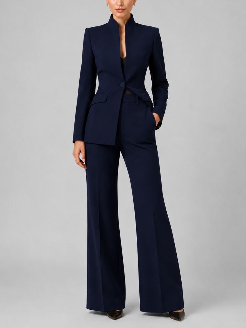 Women's Two Piece Blazer and Wide Leg Trousers Set with Stand Collar