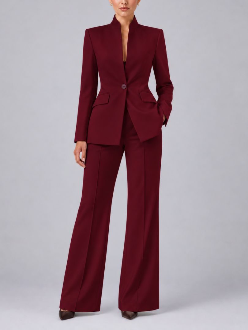 Women's Two Piece Blazer and Wide Leg Trousers Set with Stand Collar