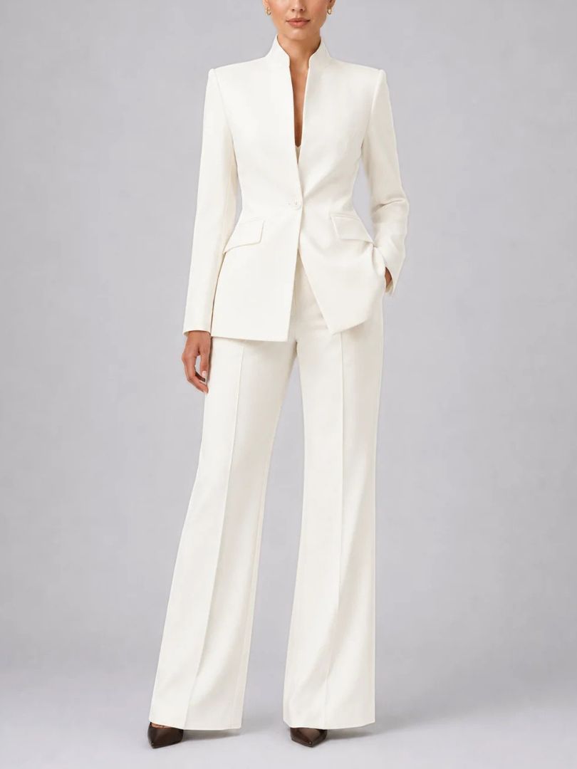 Women's Two Piece Blazer and Wide Leg Trousers Set with Stand Collar