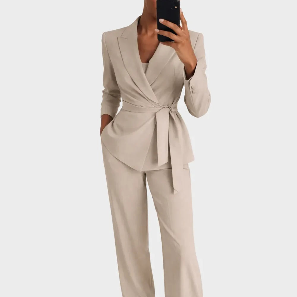 Women's Two Piece Blazer and Wide Leg Trousers Set with Tie Waist