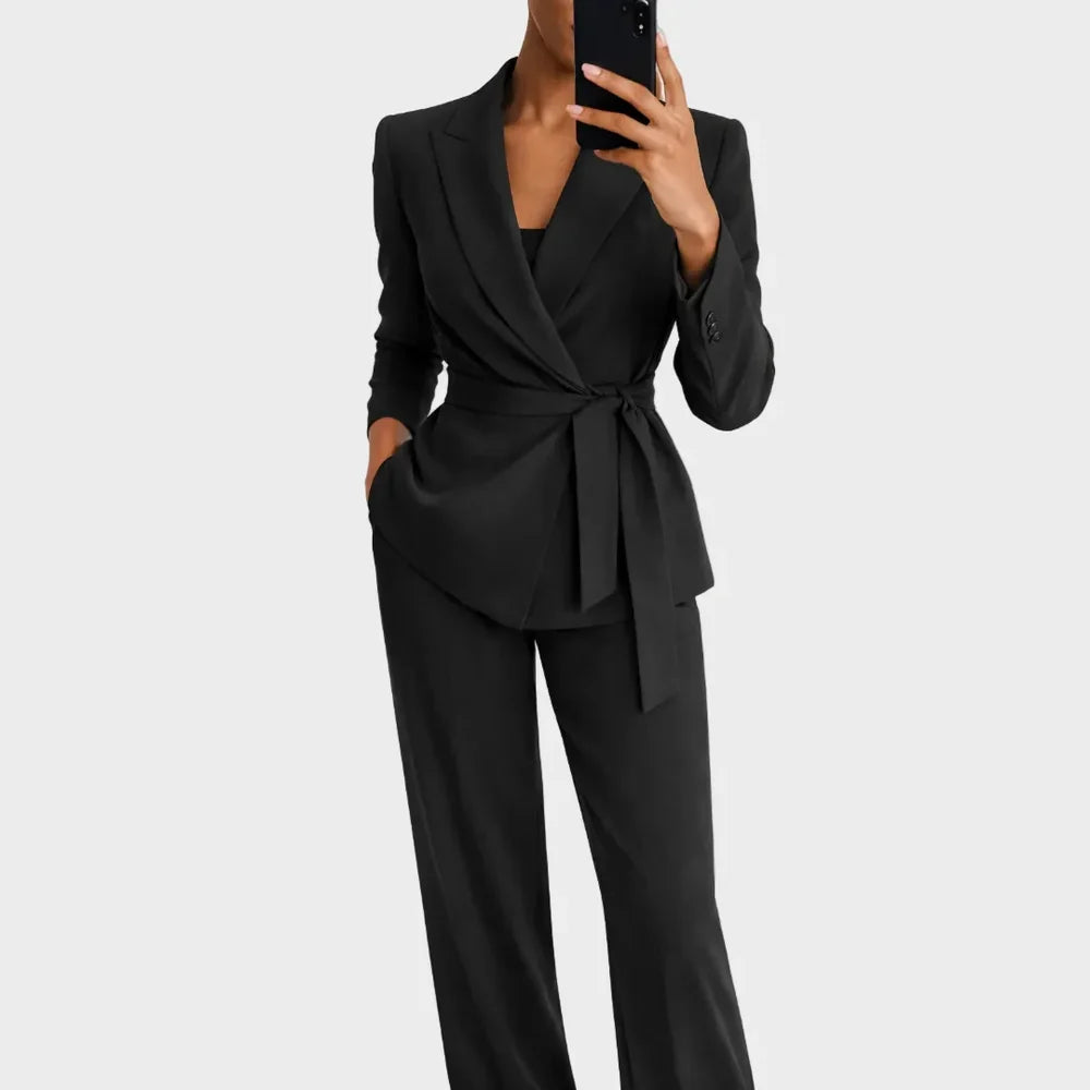 Women's Two Piece Blazer and Wide Leg Trousers Set with Tie Waist