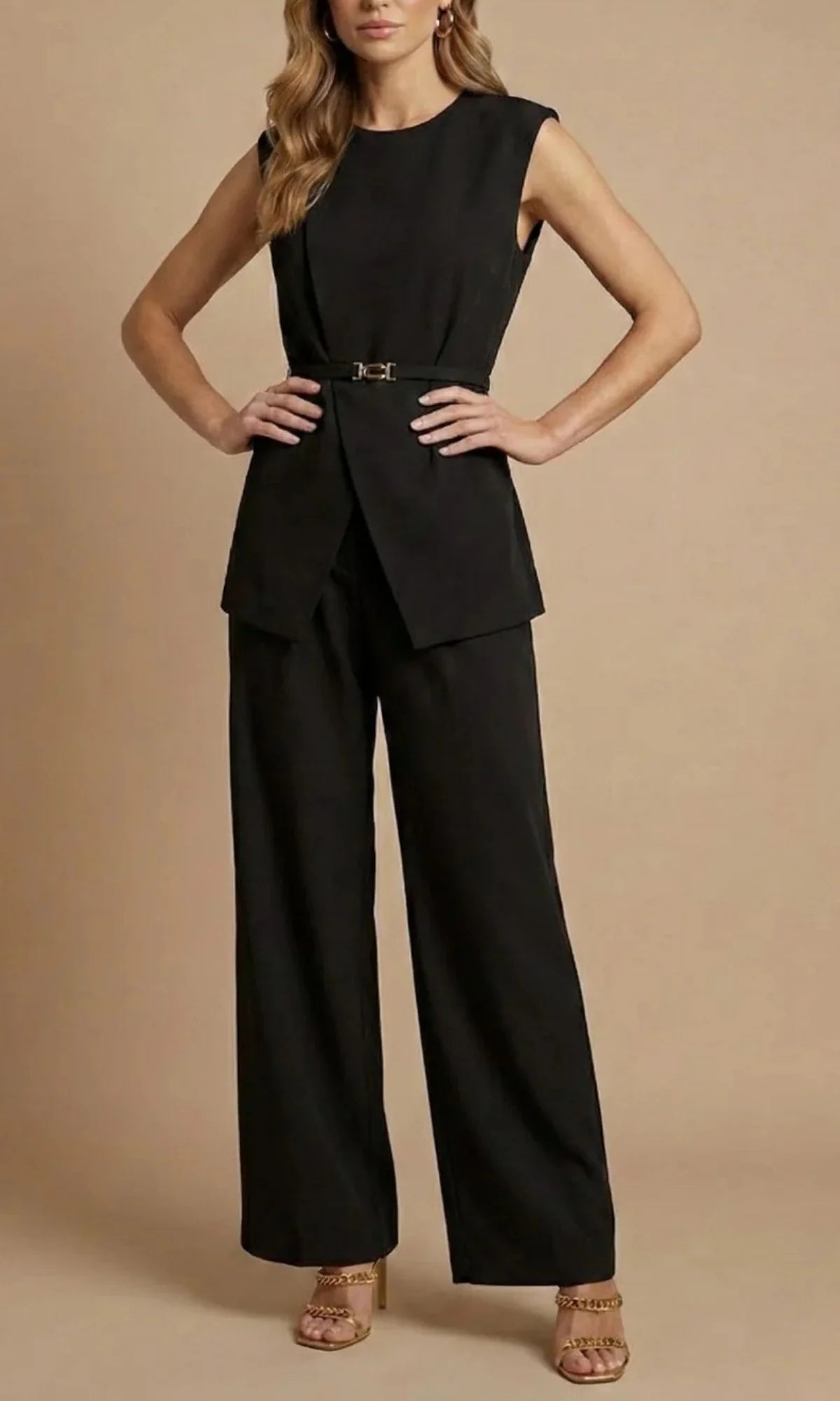 Women's Two Piece Set with Belted Sleeveless Top and Wide Leg Trousers
