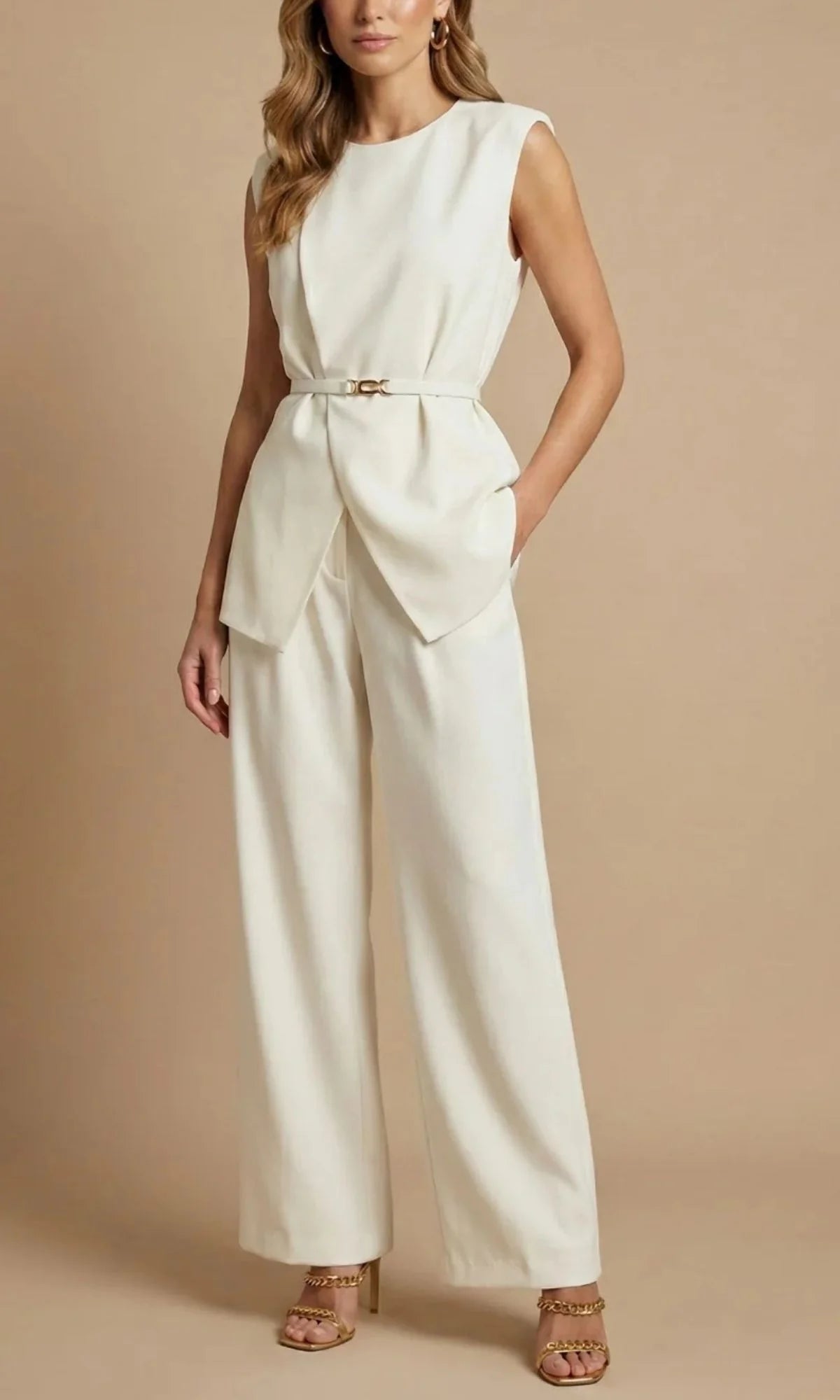 Women's Two Piece Set with Belted Sleeveless Top and Wide Leg Trousers