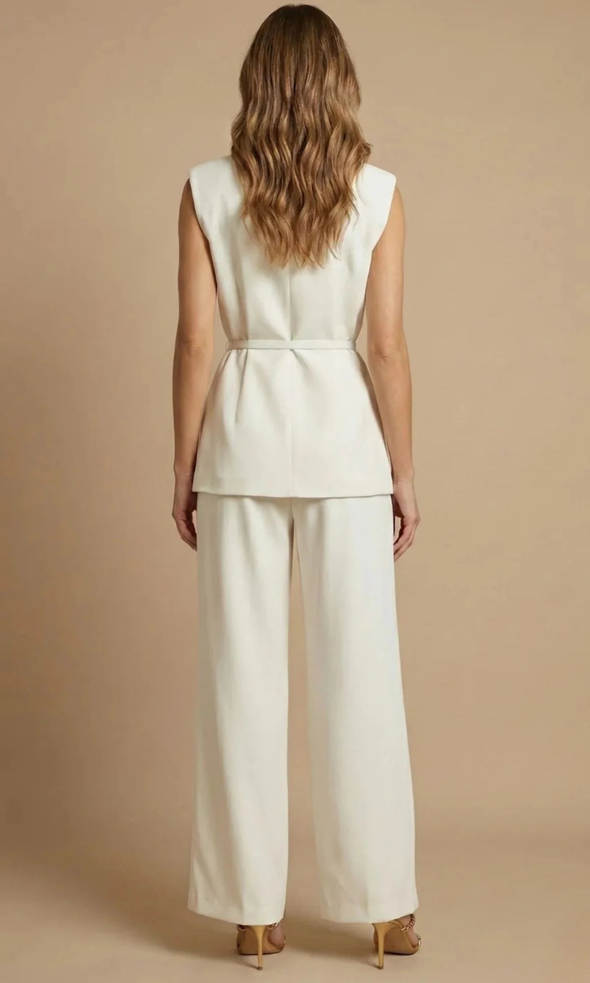 Women's Two Piece Set with Belted Sleeveless Top and Wide Leg Trousers