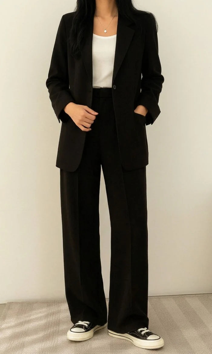 Women's Two Piece Set with Blazer and High Waist Wide Leg Trousers