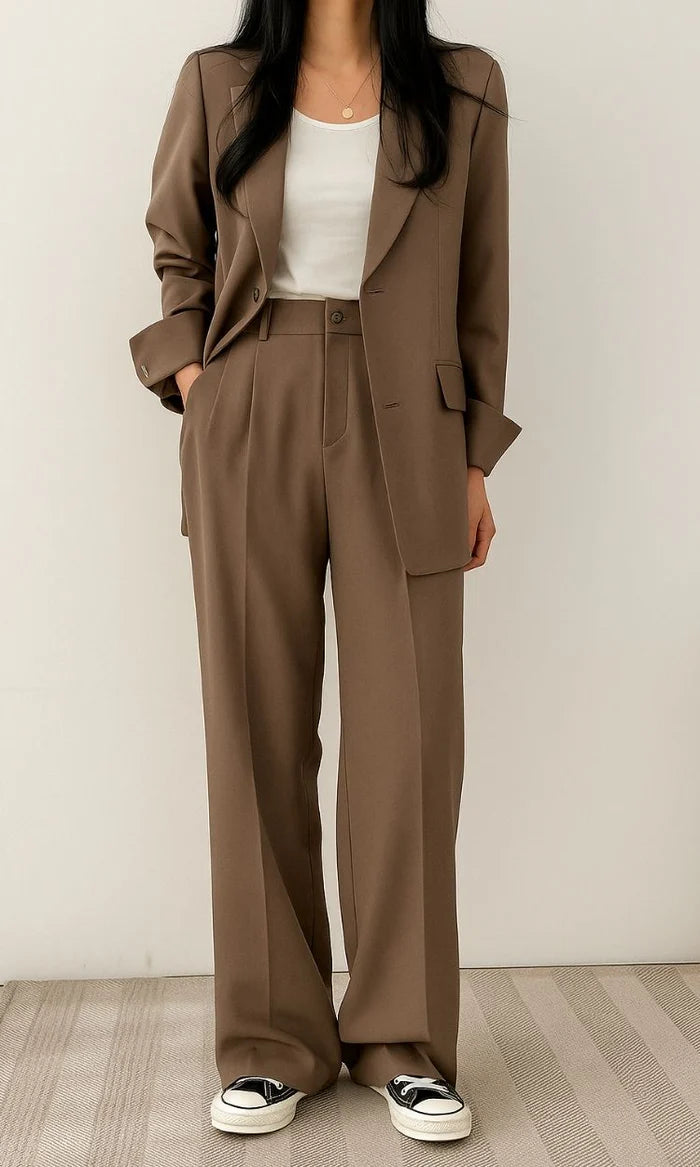 Women's Two Piece Set with Blazer and High Waist Wide Leg Trousers