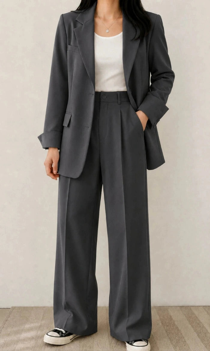 Women's Two Piece Set with Blazer and High Waist Wide Leg Trousers
