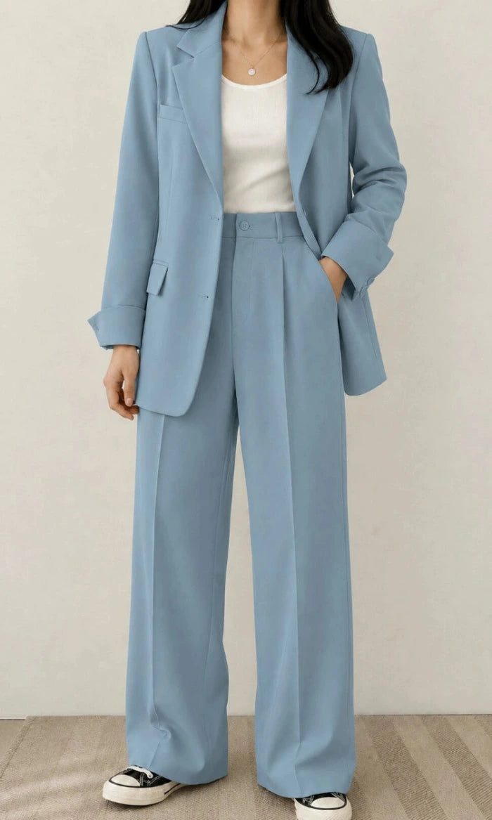 Women's Two Piece Set with Blazer and High Waist Wide Leg Trousers