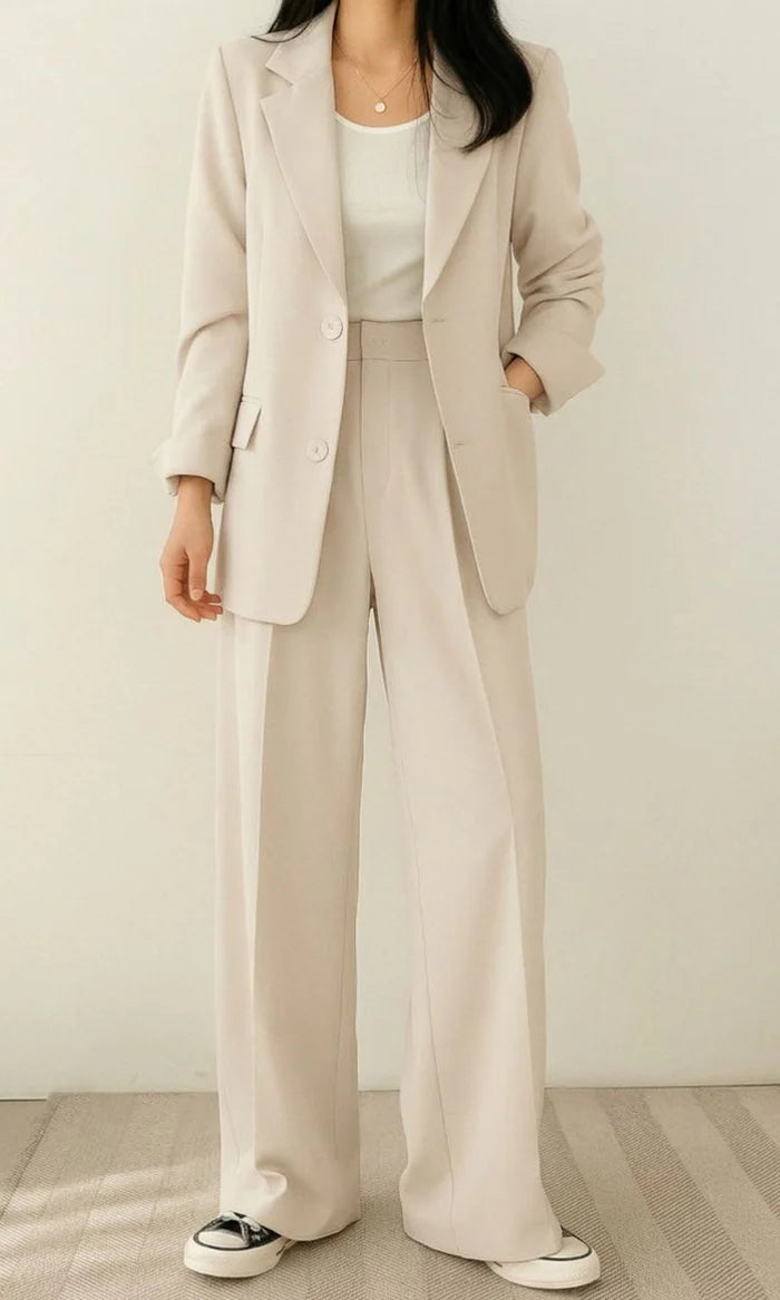 Women's Two Piece Set with Blazer and High Waist Wide Leg Trousers