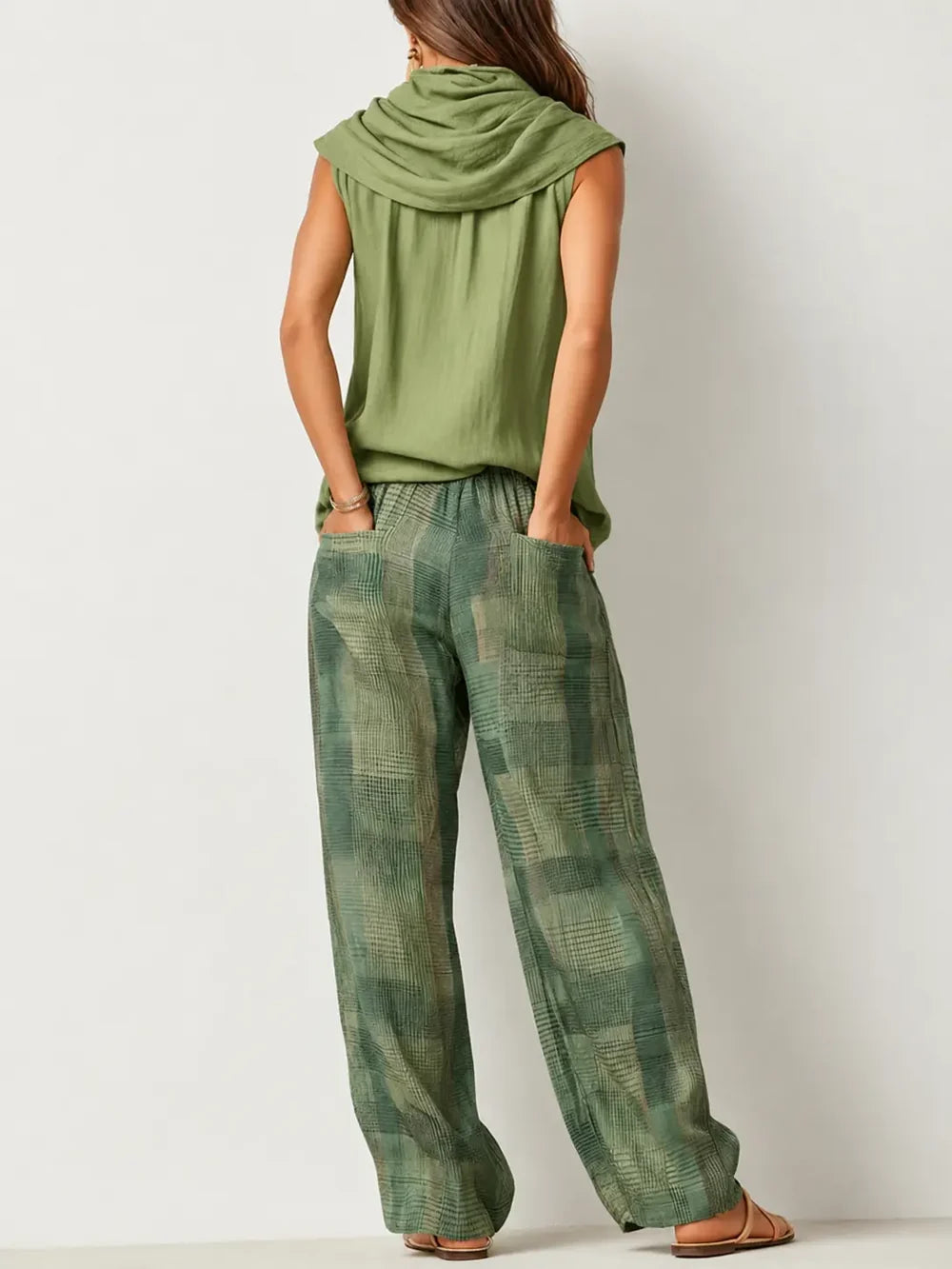 Women's Two Piece Set with Cowl Neckline Top and Wide Leg Trousers