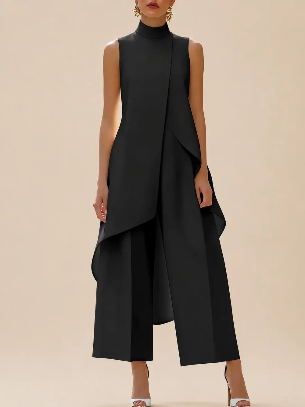 Women's Two Piece Set with High Neckline Top and Wide Leg Trousers