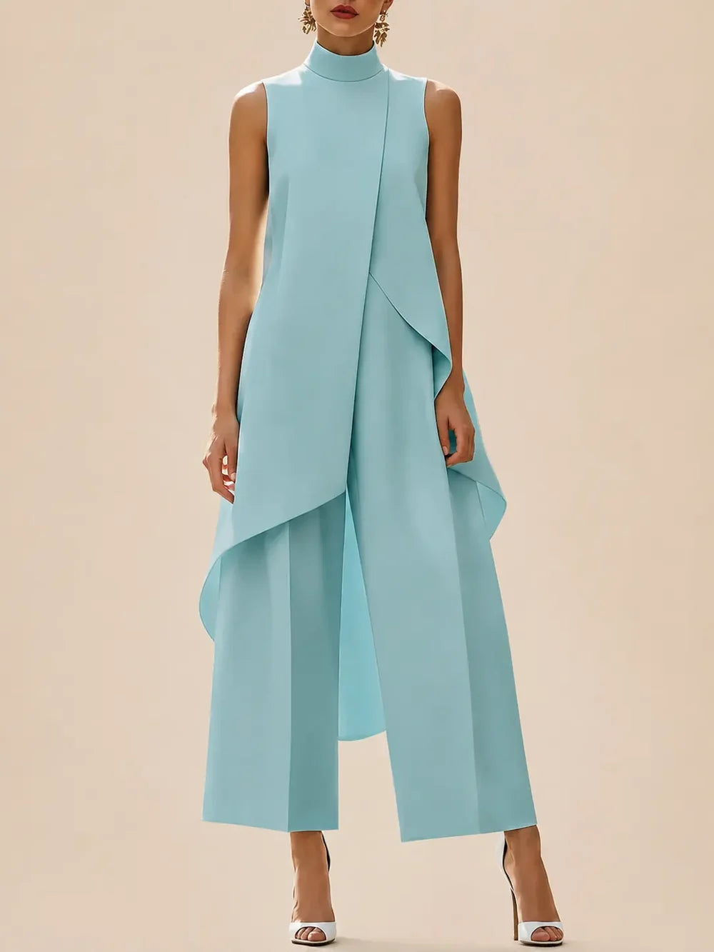 Women's Two Piece Set with High Neckline Top and Wide Leg Trousers