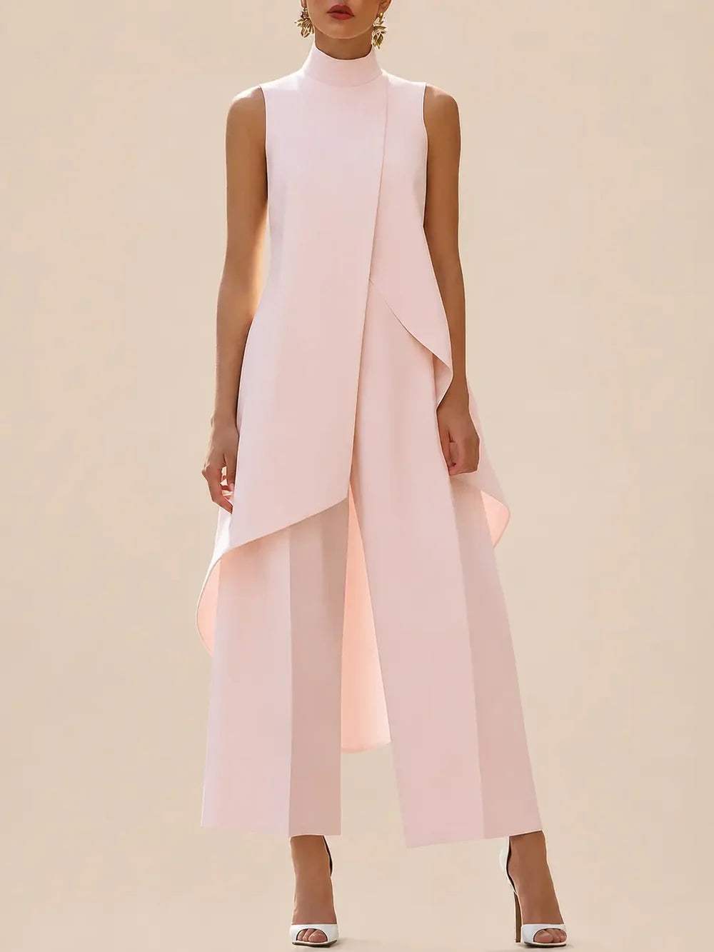 Women's Two Piece Set with High Neckline Top and Wide Leg Trousers