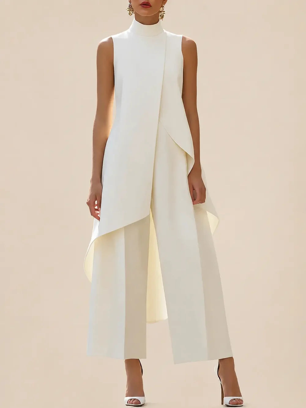 Women's Two Piece Set with High Neckline Top and Wide Leg Trousers