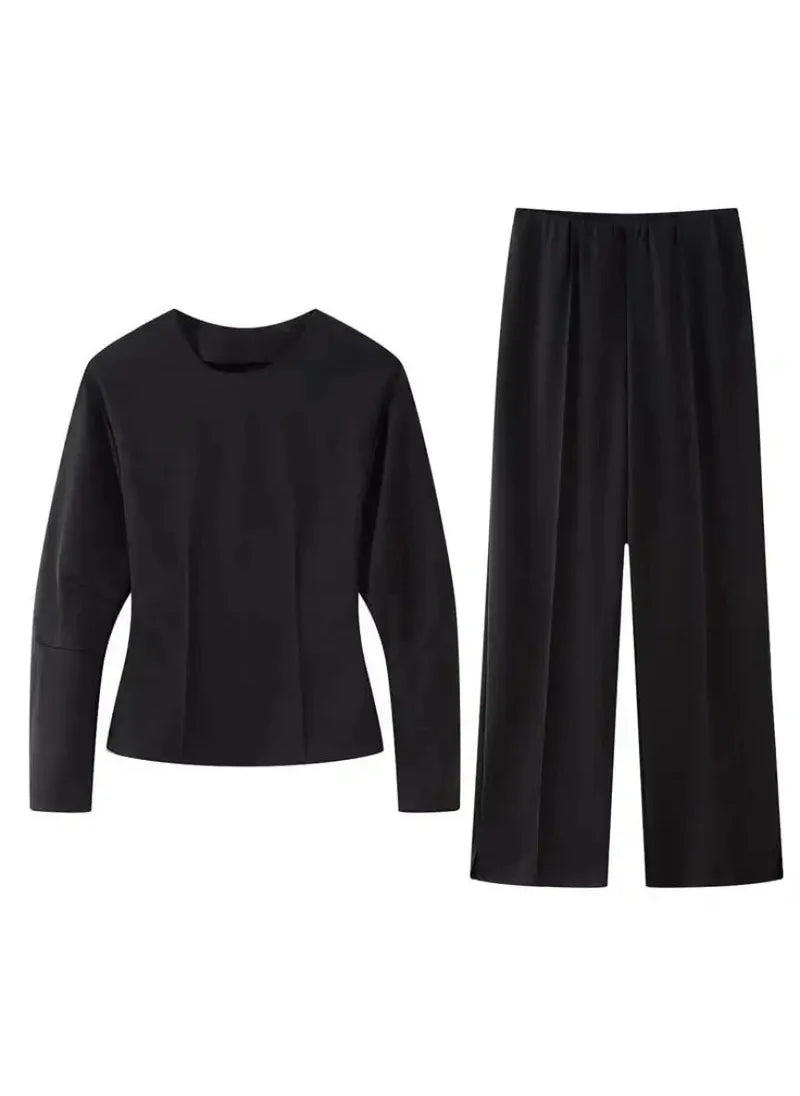 Women's Two Piece Set with Long Sleeve Top and Straight Leg Trousers