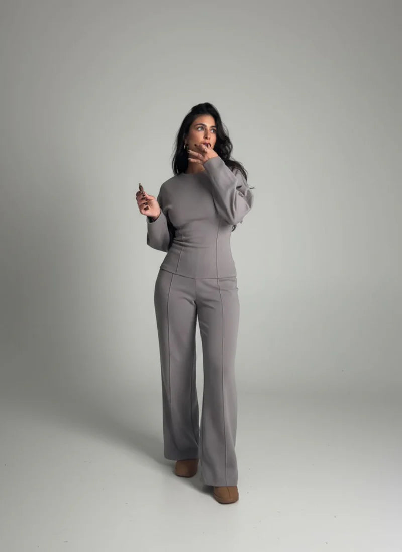 Women's Two Piece Set with Long Sleeve Top and Straight Leg Trousers