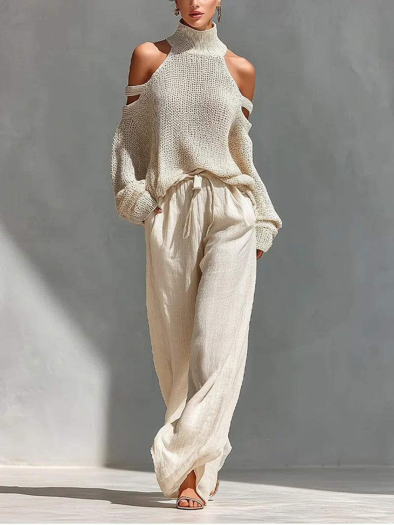 Women's Two Piece Set with Off Shoulder Knitted Top and Wide Leg Trousers