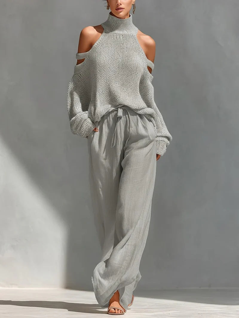 Women's Two Piece Set with Off Shoulder Knitted Top and Wide Leg Trousers