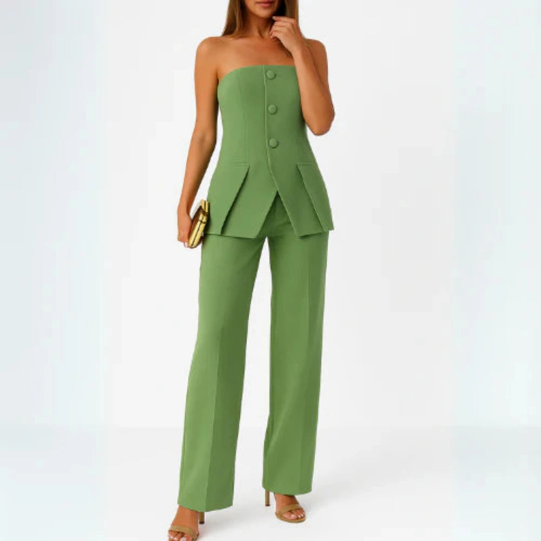 Women's Two Piece Set with Strapless Top and Straight Leg Trousers