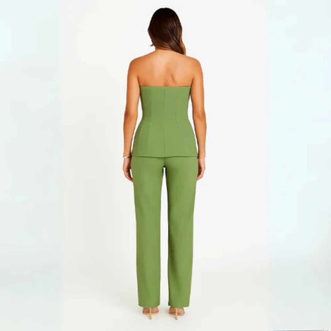 Women's Two Piece Set with Strapless Top and Straight Leg Trousers
