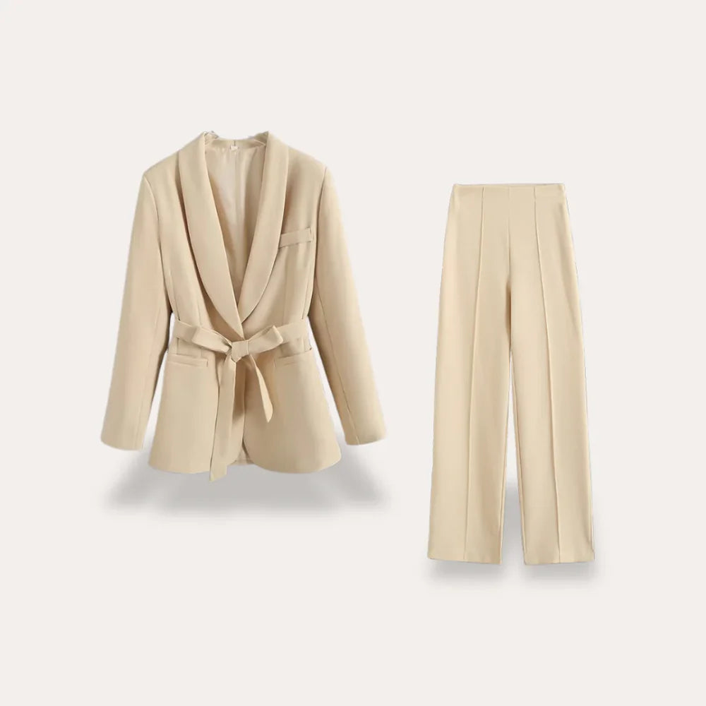 Women's Two Piece Set with Tie Waist Blazer and Straight Leg Trousers