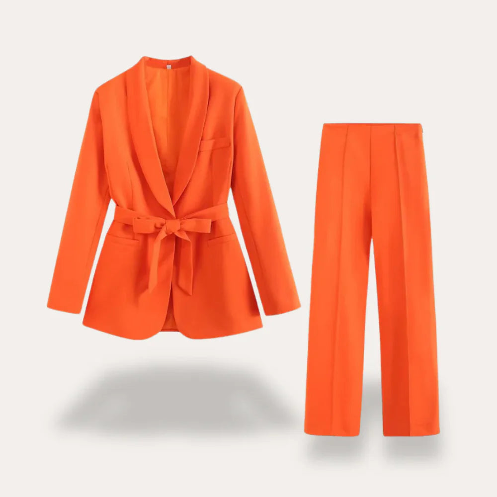 Women's Two Piece Set with Tie Waist Blazer and Straight Leg Trousers