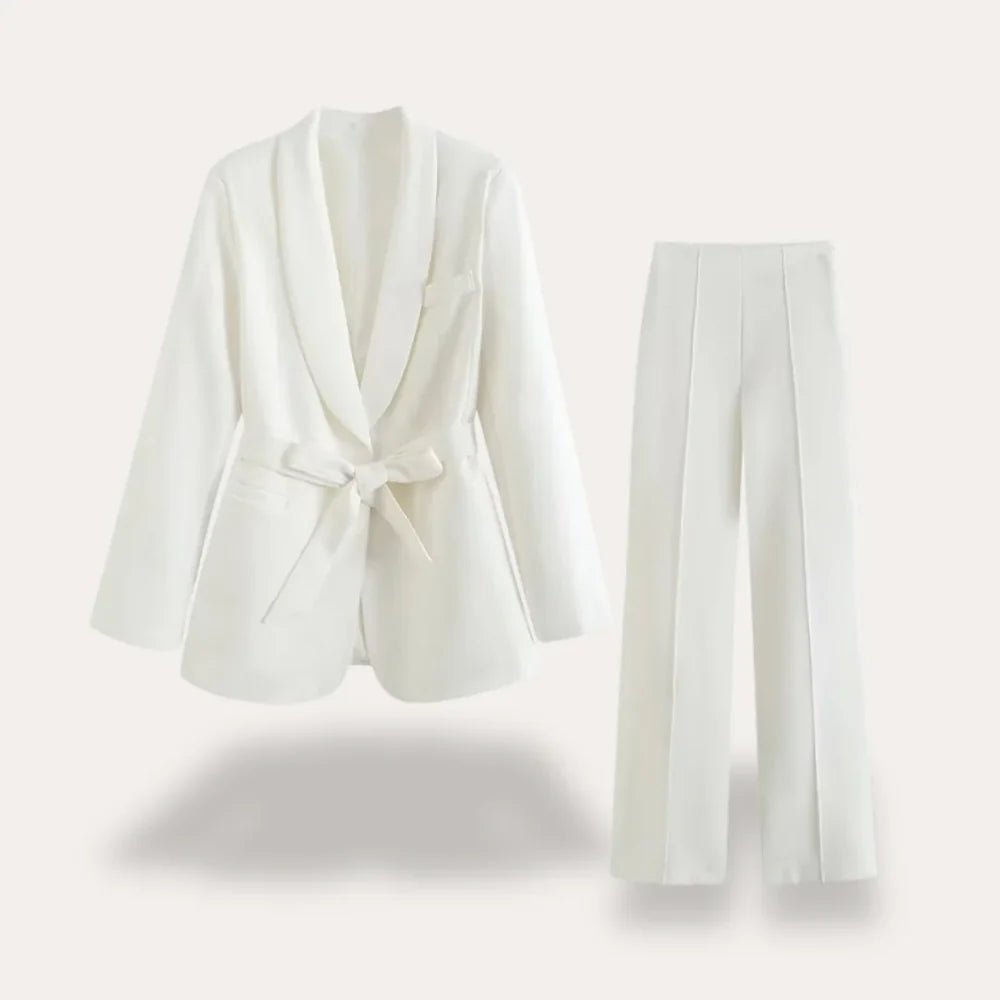 Women's Two Piece Set with Tie Waist Blazer and Straight Leg Trousers