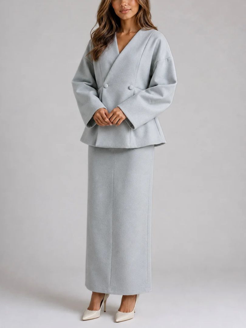 Women's Two Piece Set with V-Neck Peplum Jacket and Maxi Pencil Skirt