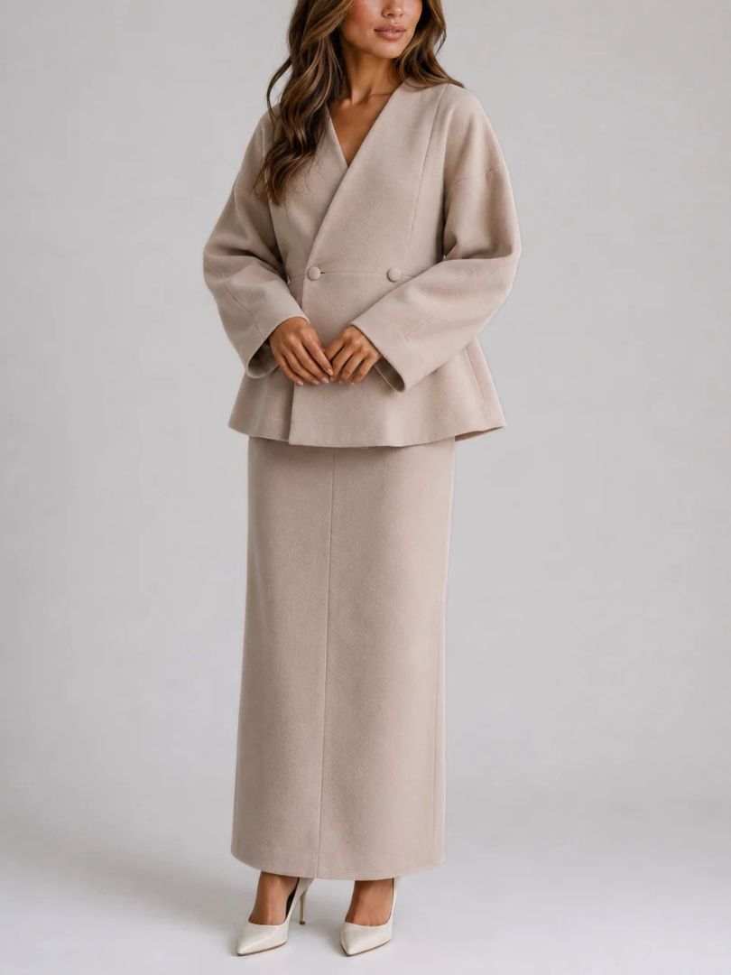 Women's Two Piece Set with V-Neck Peplum Jacket and Maxi Pencil Skirt