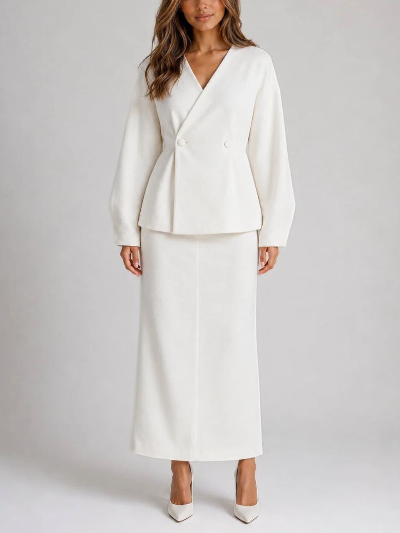 Women's Two Piece Set with V-Neck Peplum Jacket and Maxi Pencil Skirt