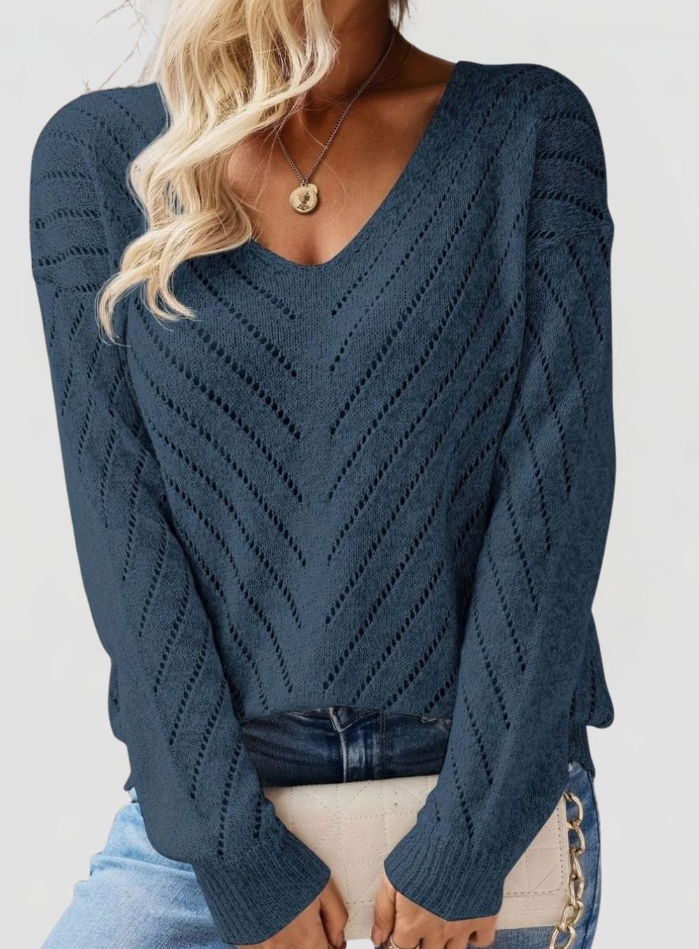 Women’s V-Neck Chevron Openwork Knit Jumper