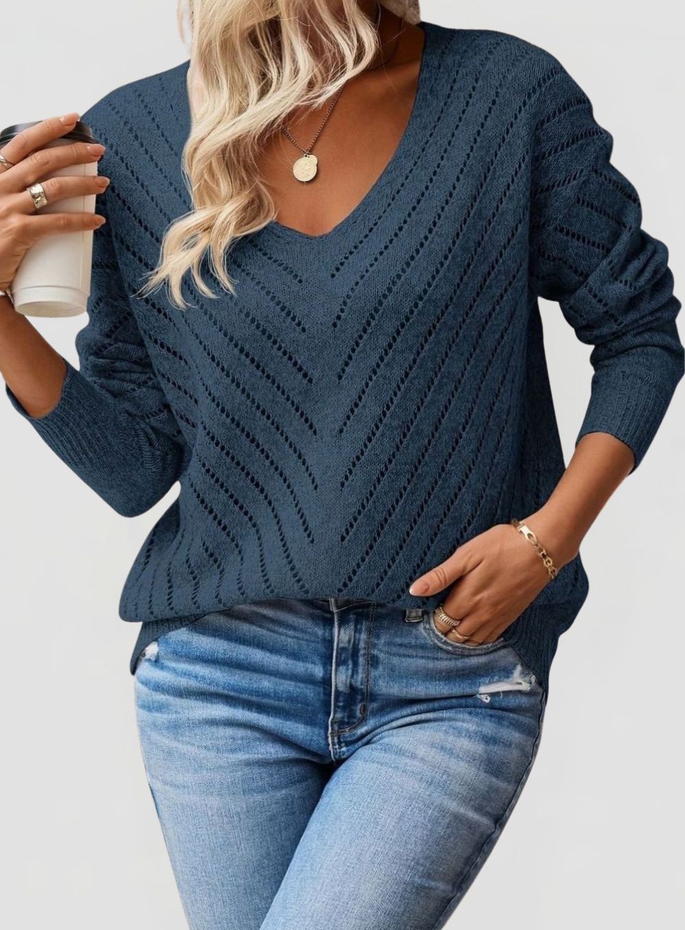 Women’s V-Neck Chevron Openwork Knit Jumper