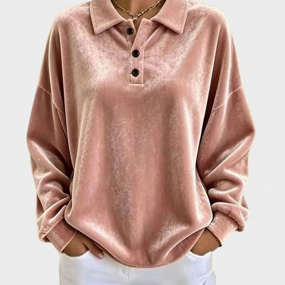 Women’s Velvet Polo Pullover with Button Trim
