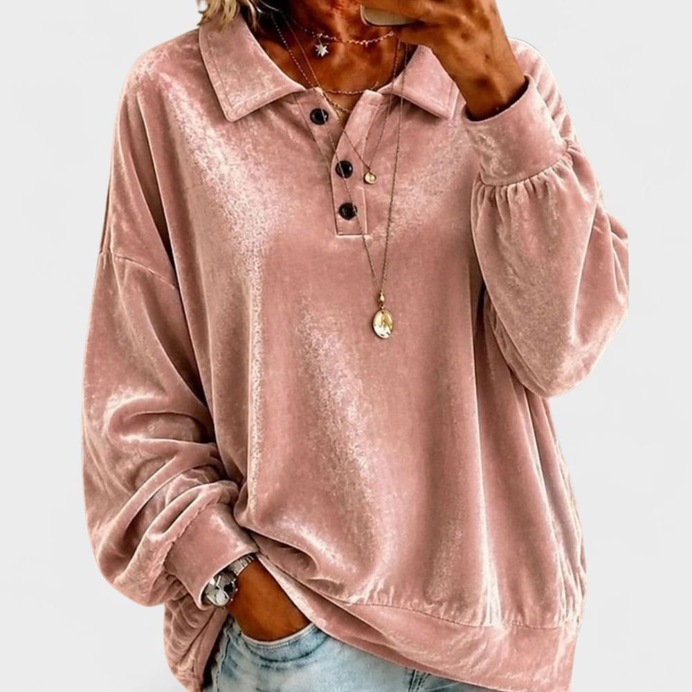 Women’s Velvet Polo Pullover with Button Trim