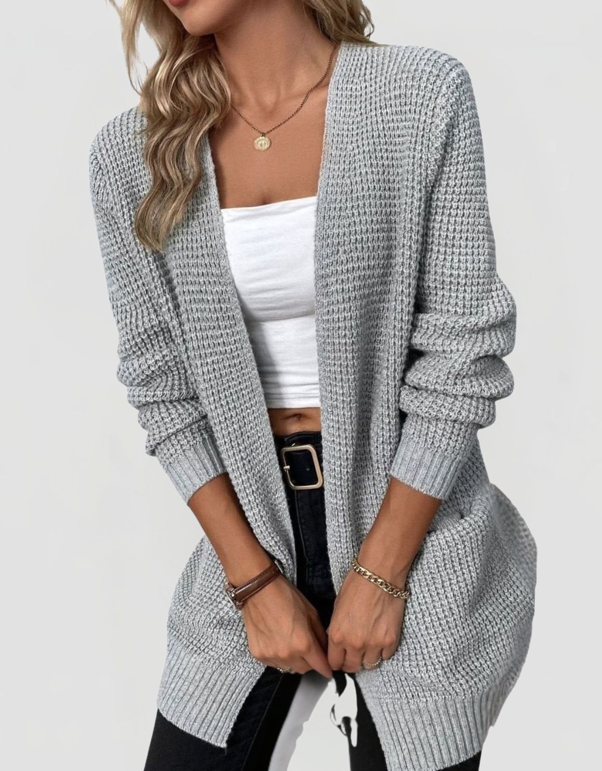 Women's Waffle Knit Open Front Cardigan with Ribbed Cuffs