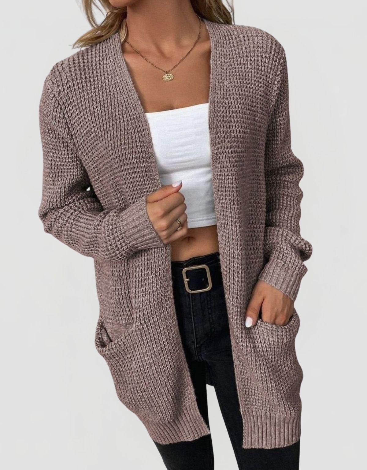 Women's Waffle Knit Open Front Cardigan with Ribbed Cuffs