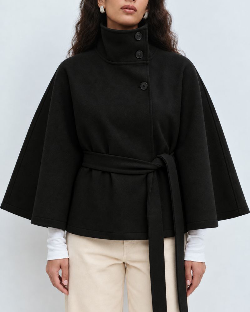 Women's Cape Coat with Tie Belt and High Collar